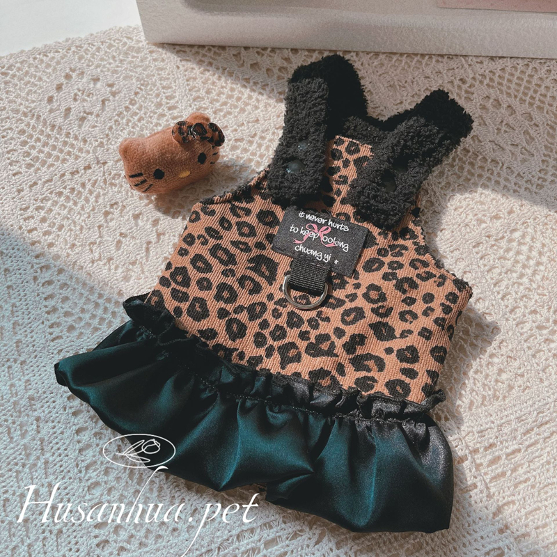 Luxury Dog Dress Clothes for Girls Female, Leopard Print Wool Lining Pet Winter Clothes with D-ring, Cartoon Cat Doll, Princess Dress Harness for Holi
