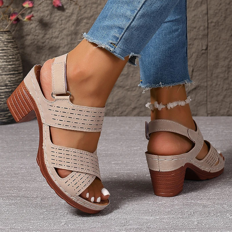 Hook Loop High Heels Sandals Women Summer 2025 Pu Leather Square Heel Rome Sandals Woman Open Toe Sexy Outdoor Sandalias Mujer 250605
