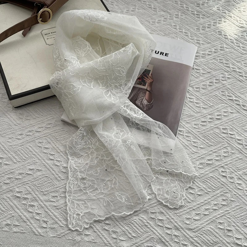 Lace Silk Scarf Womens Spring and Summer Ins Retro Korean Version Decoration Versatile Long Fashion Temperament Small 250604
