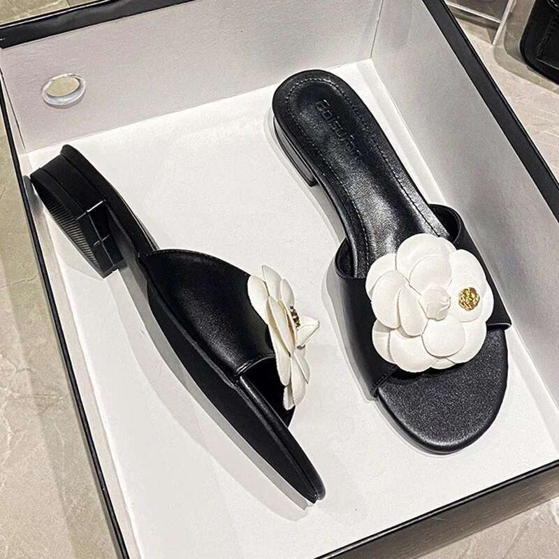 High End Flower Slippers Women Camellia Shoes Open Toe Slides Femme Outside&Home Pantuflas Sandals Ladies Flip Flops