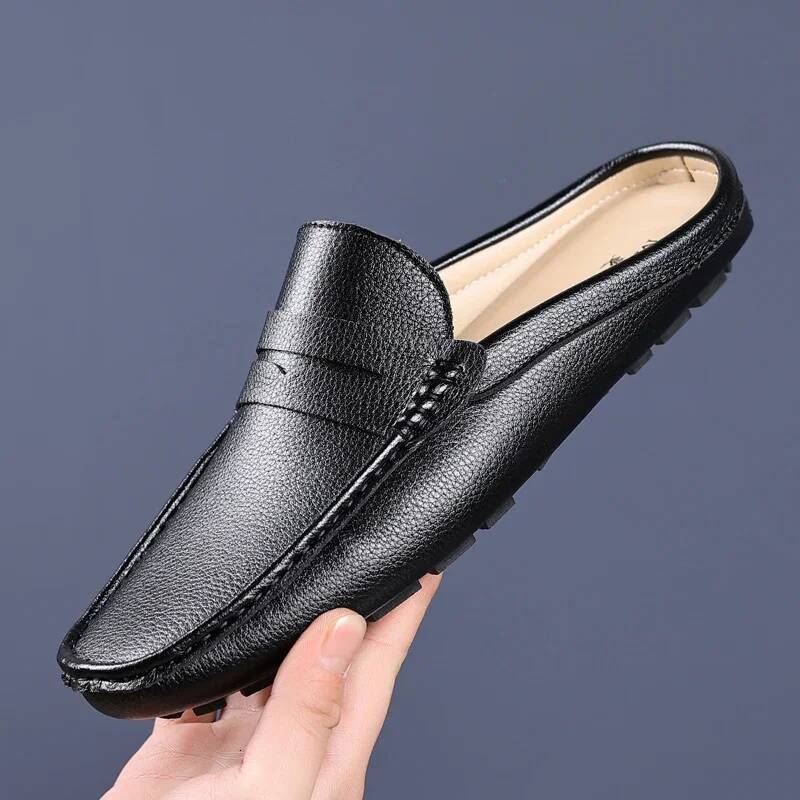 Ddmyoutdoor Summer Slip On Soft Leather Slippers High Quality Flats Male Walking Casual Loafers Half Shoes For Men Lazy Shoe Outdoor Shoes