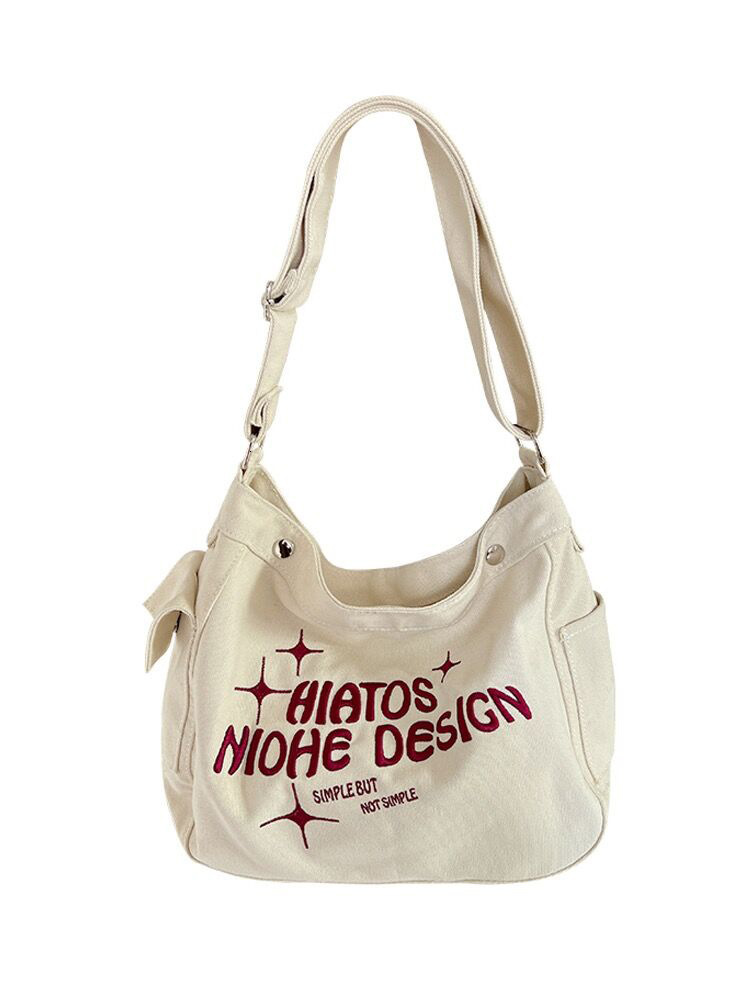 designer Japanese Style Canvas Bag for Female College Students, Ins Lazy Style, Large Capacity, Single Shoulder Crossbody, Niche Embroidered Tote Bag