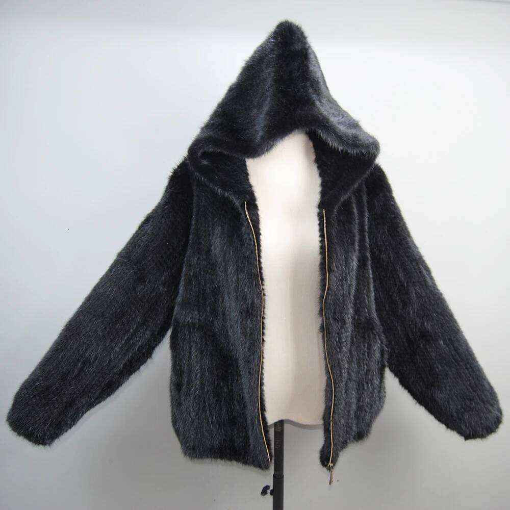 2025 New Women Mink Fur Coat Long-Sleeve Hooded Casual Fashion All-match Zipper Knitted Outerwear Jacket Custom Plus Size