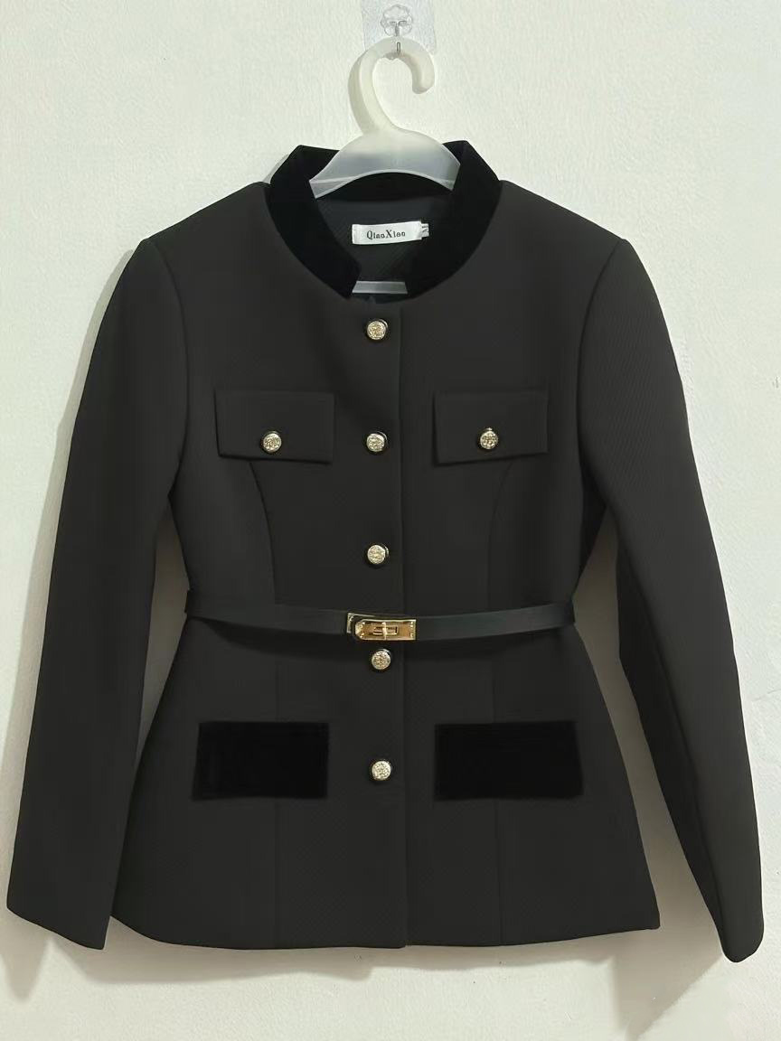 Womens stand collar slim waist with belt color single breasted medium long coat woolen S M L XL XXL