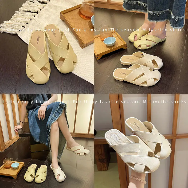 Baotou Half Slippers for Summer Outer Wear Style Slippers Korean Style French Sandals Flat Bottom Retro Summer Sandals for Women Wholesale 250603