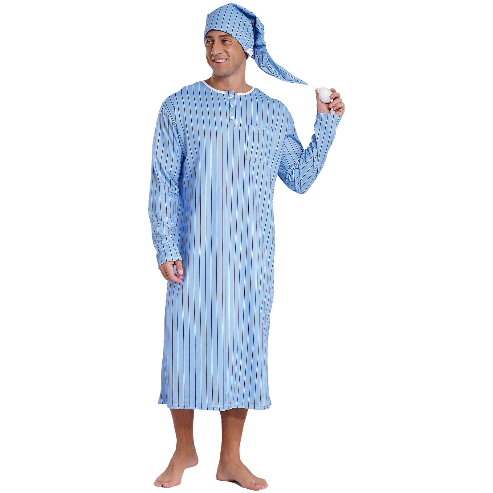 Men's Soft Loose Sleep Robe Fashion Homewear Striped Long Sleeve Button-down Nightshirt with Sleeping Cap Pajama Set Nightgown