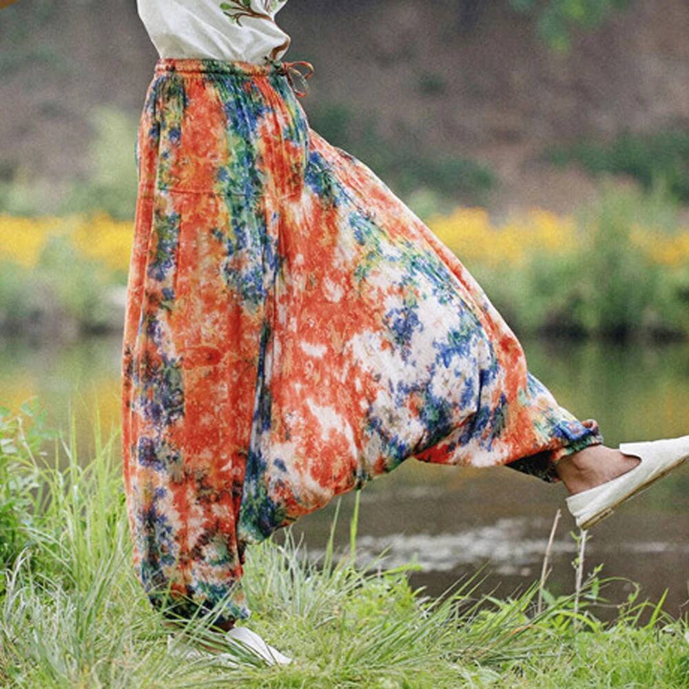 Women Boho Baggy Yoga Tie Dye Hippie Cotton Linen Harem Pants Female Beach Wear Elastic Waist Loose Drop-Crotch Trousers
