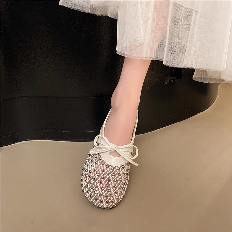 Summer Rhinestone Mary Jane Baotou Slippers Womens Summer Outward Wear Round Toe Shallow Mouth Bow Half Slippers 250603