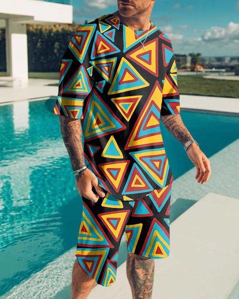 Summer New Mens Suit 3D Printing Geometric patterns Short Sleeve Shirt Shorts Suit Fashion Shirt Mens Two Piece Set Streetwear W250609