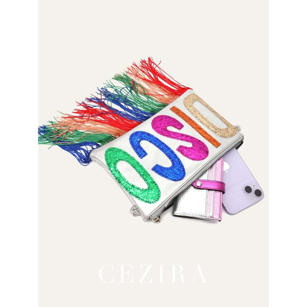 CR Metallic PU Leather Clutch Bag For Women Fashion Sequined Letters Colorful Fringe Square Long Chain Cross Body Handbag