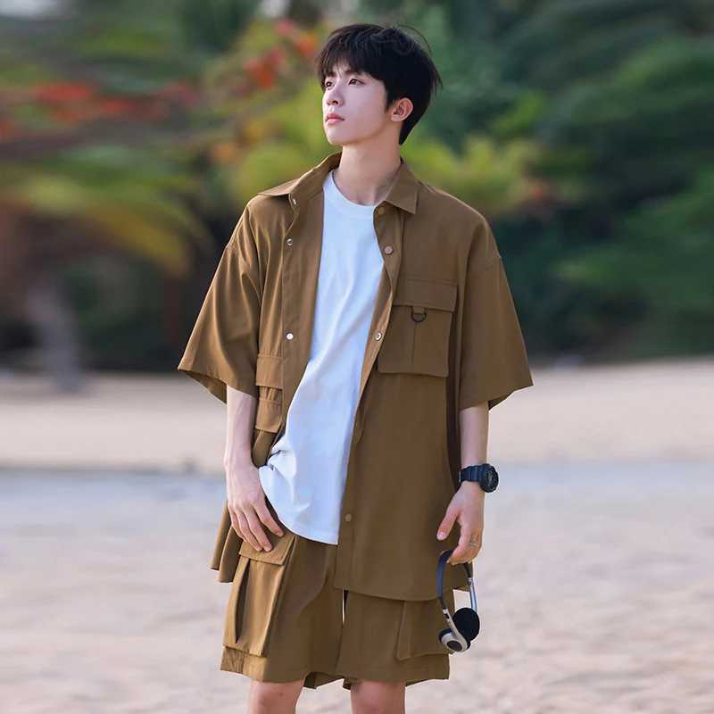 Summer Mens Shirt Set Casual Suit Cargo Short Sleeved Shirts Shorts Male Breathable Loose High Street Multiple Pockets 5XL W250609