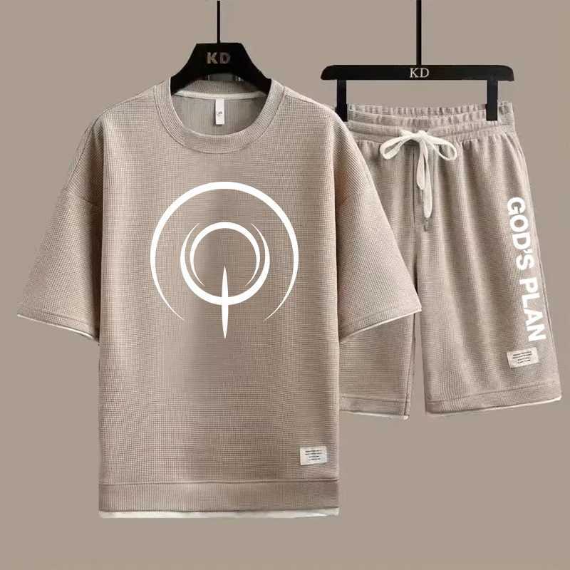 Summer Mens Waffle Suit Casual T-Shirt Shorts Set Mens Sportswear Solid Color Suit Tracksuit Loose Fit Two-Piece Set W250609