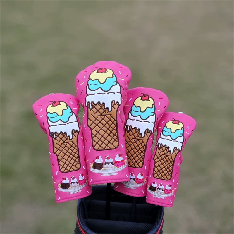 Golf Club Headcovers Wood Head covers Ice cream Design Driver Fairway Hybrid Woods Headcover Red PU Premium Leather Head