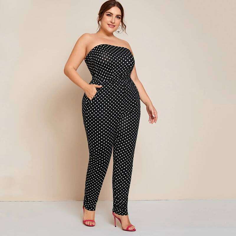 Plus Size Dot Printed Strapless Tube Women Sexy Slash Neck Pocket Sides Summer Spring Elegant Fashion Jumpsuits 6XL