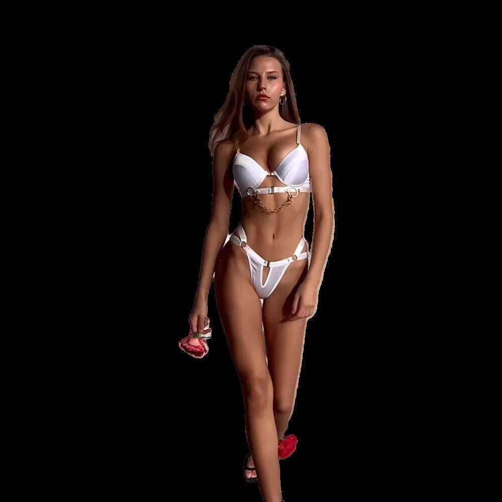 Erotic Bridal Sensual Hollow Cross Straps Women's Clothing With Metal Chain Push Up Bra Cut Out Panty Lingerie Set