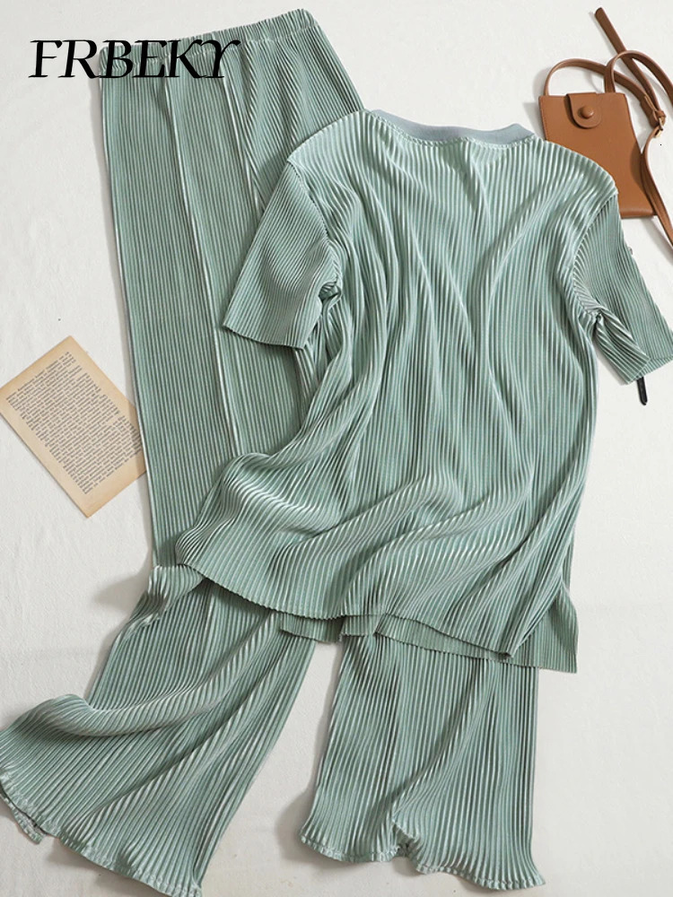 Pants Sets Summer Temperament Round Neck T-shirt Top High Waist Open Wide Leg Pants Two Piece Set for Women Elegant Suit 250605