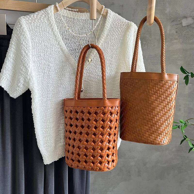 French Style Soft Pu Leather Woven Hollow Out Bucket 2025Summer New Trend Small Top-Handle Handbag Travel Vacation Beach Bag