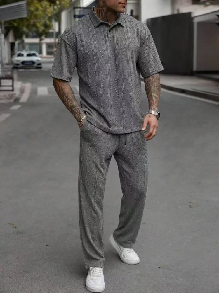 summer styles for men Solid-color jacquard set fashionable line texture casual lapel short-sleeved POLO shirt trousers 250605