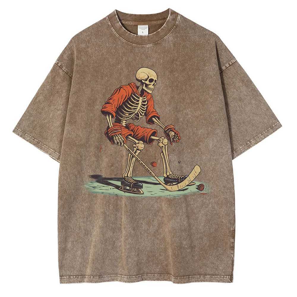 Pure Cotton Heavy Distressed Washed Graphic T-shirts Hockey Skull Printed T Shirt Dropped Shoulder Vintage Oversized T-shirt W250607