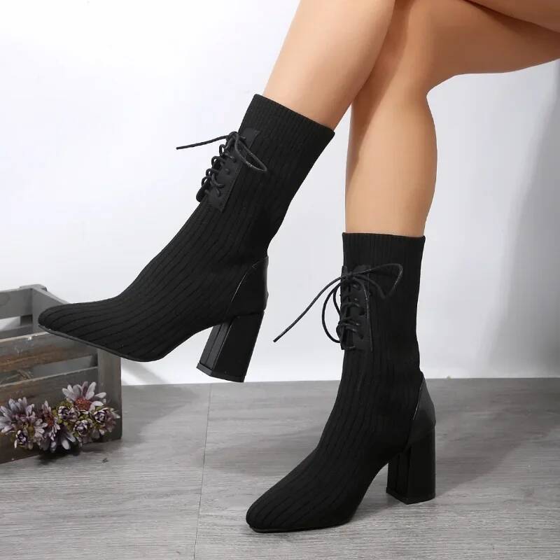 Ddmyoutdoor Knit Socks Shoes Stretch Fabric Women Ankle Pointed Toe High Heels Slip On Sock Heeled Boots Size Outdoor Shoes
