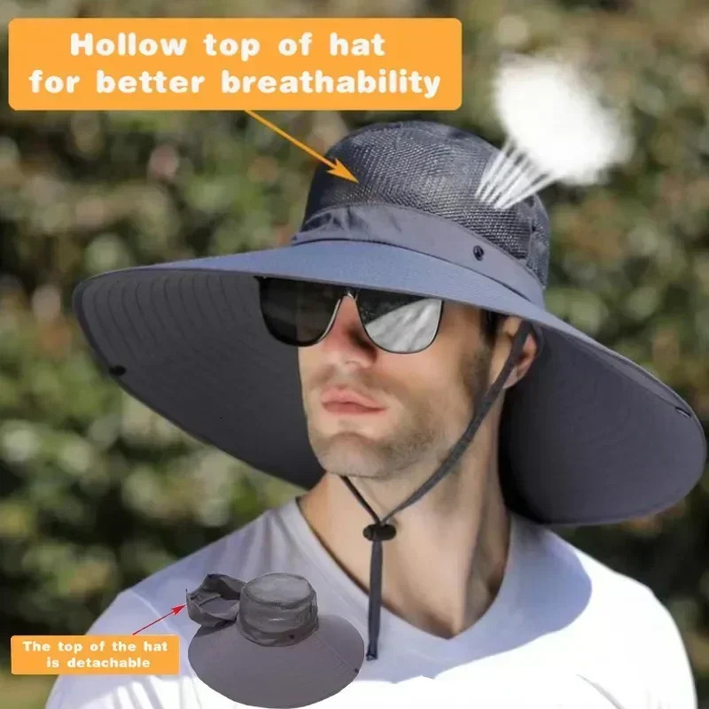 Summer 15CM Large Brim Sun Hat Men Breathable Mesh Fishing Caps Sun UV Protection UPF50 Fisherman Hats for Hiking Outdoor Beach 250605