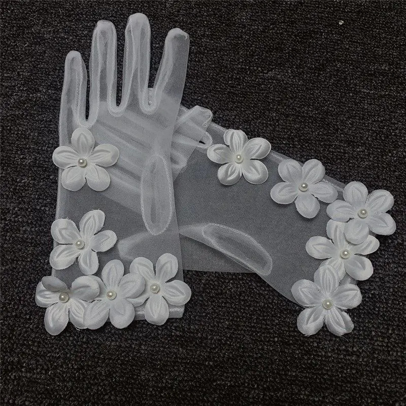 Korean Simple Short White Transparent Mesh Flower Pearl Wedding Dresses Gloves For Bride Evening Parties etiquette Accessories 250603