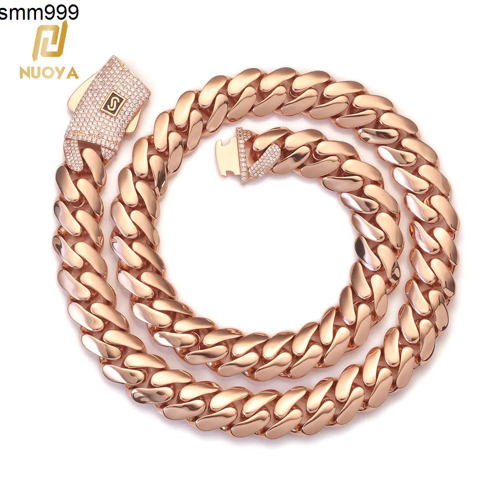 NUOYA Rose Gold Cuban Link Chain Necklace with Iced Out Diamond Clasp Thick Flat Monaco Cuban Chain Hip Hop Jewelry Gift