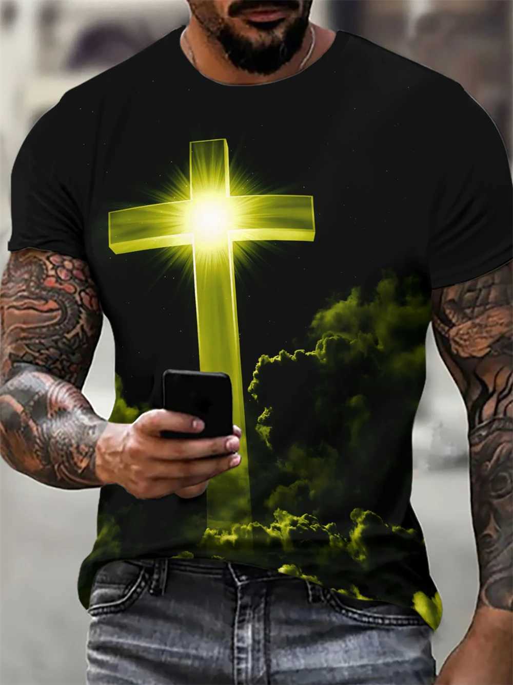 Christian Mens Clothing T Shirts Oversized T Shirt Gothic Jesus Christ Cross 3D Print O-Neck Tops Vintage Hip Hop Short Sleeve W250607