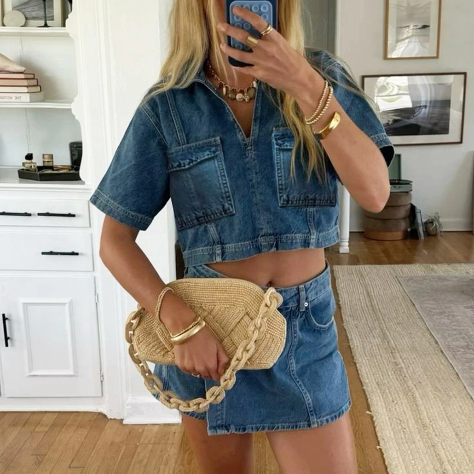 hirigin Chic Women Denim 2 Piece Set V Neck Short Sleeve Jean Tunic Tops Irregular Hem Mini Skirt Shorts Set Y2K Streetwear 250605