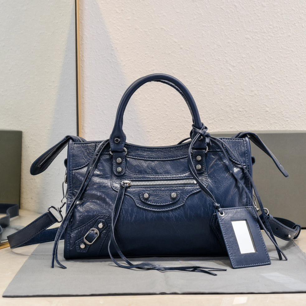 Classic Neo City Motorcycle Tote Sheepskin Genuine Leather Shoulder Handbag Crossbody Attached Mirror 31CM Blue 12A Quality Designer Bag Women's handbag