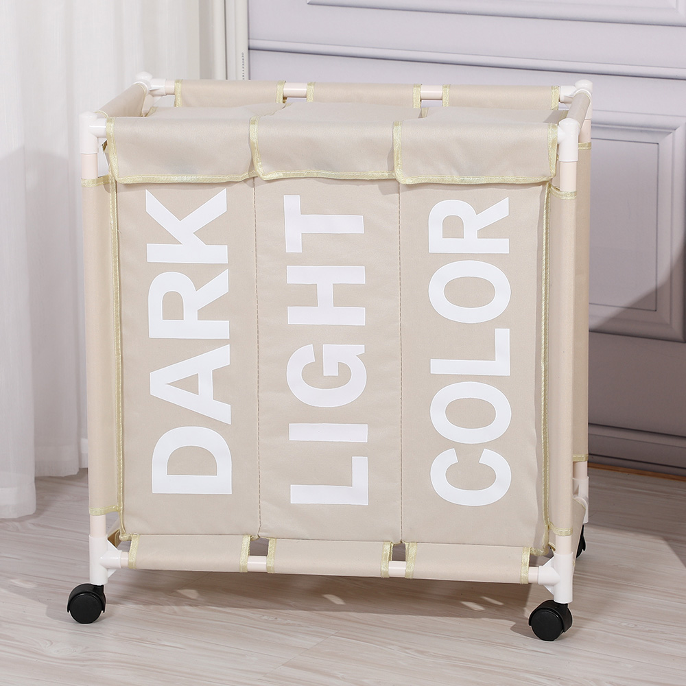 Large capacity three grid wheeled movable dirty clothes basket