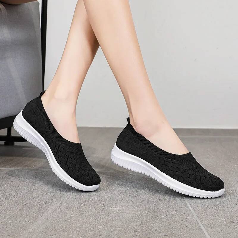 ddmyoutdoor High Quality Knitted Women S Vulcanize Breathable Sneakers Flat Heel Slip On Ladies Casual Shoes Outdoor Outdoor Shoes