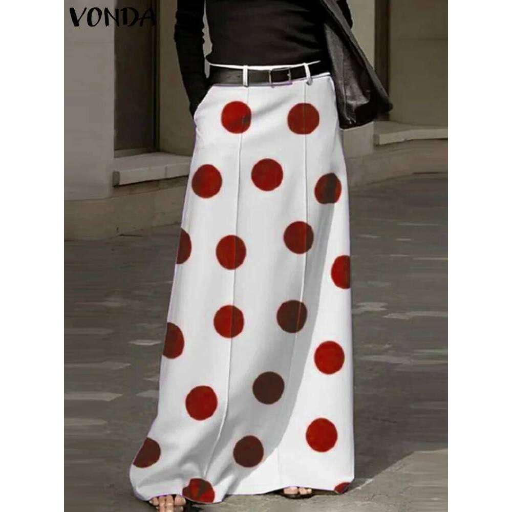 Plus Size 5XL VONDA Women Maxi Bohemian Printed Dot Point Long Skirt Summer High Waist Casual Loose A-Line Beach Skirts