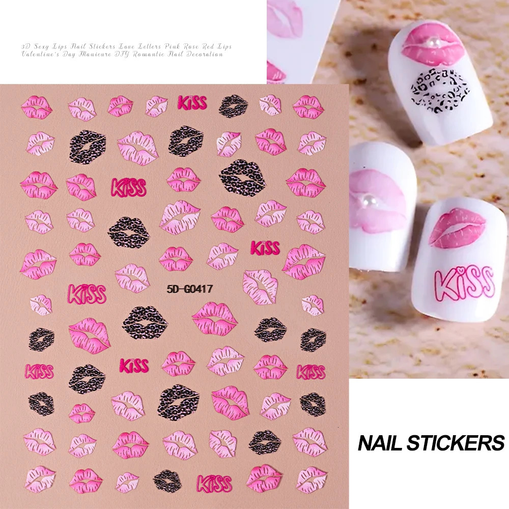 1sheet 5D Sexy Red Lips Nail Decal Stickers KISS Love Heart Valentines Day Selfadhesive Slider DIY Romantic Decor 250605