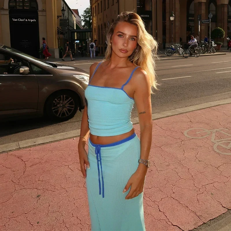 Blue High Waist Skirt Sets for Women Spaghetti Strap Crop Top and Long Skirt Outfits Summer Elegant Casual Holiday Two Piece Set 250605