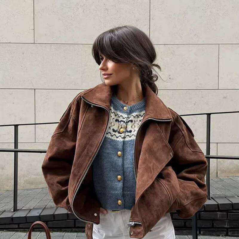 Vintage Lapel Solid Color Zipper Short Jacket Fashion Women Suede Cropped Casual Long Sleeve Coat Woman New Commuter Outerwears