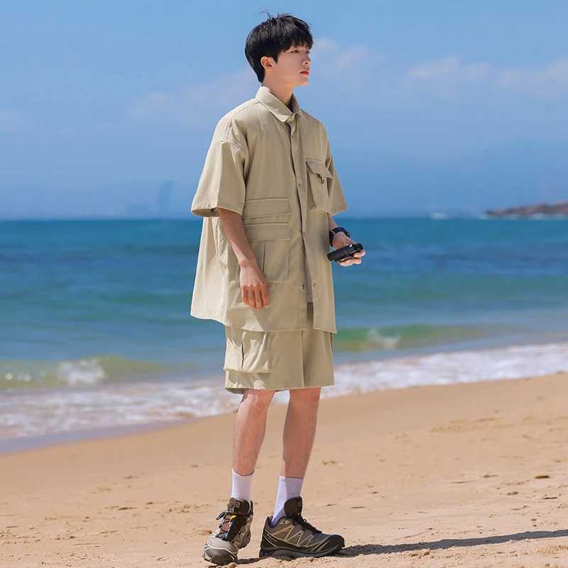 Summer Mens Shirt Set Casual Suit Cargo Short Sleeved Shirts Shorts Male Breathable Loose High Street Multiple Pockets 5XL W250609