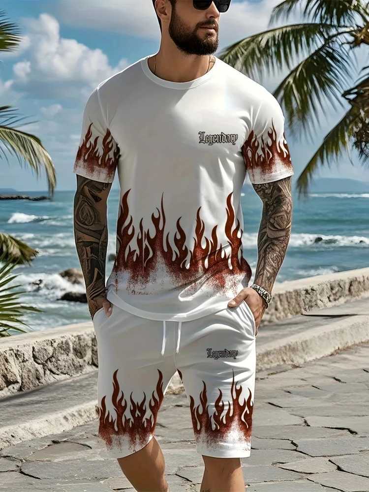 Mens Summer Short Sleeve Set 3D Creative Flame Print Short Sleeve Top Shorts Casual Two-piece Outdoor Fashion Wear W250609
