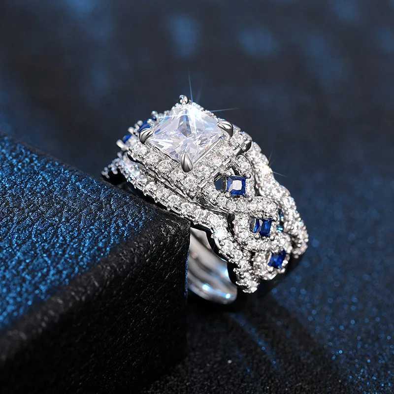 3Pcs/Set 925 Sterling Silver Rings Princess Cut Blue CZ Luxury Wedding Engagement Party Jewelry Set for Women Fashion Accessory XJ250606