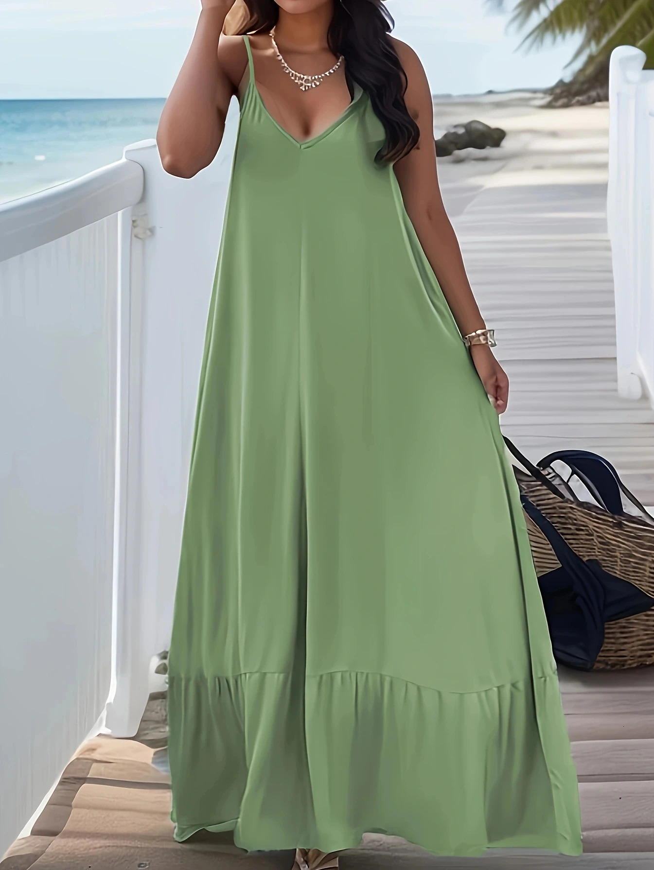 Plus Size European and American womens crossborder summer Vneck solid color suspender dress 250526