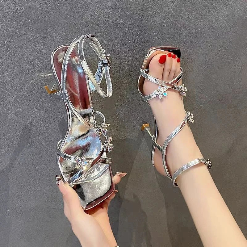 Square Toe Temperament Versatile Cross Strap One Strap Flower Rhinestone Stiletto Sandals Summer High Heels Women 250605