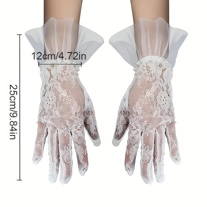 Korean Style Sexy Transparent White Lace Pearl Mesh Tulle Glove Women Bride Wedding Dress Delicate Short Glove Party Accessory 250603