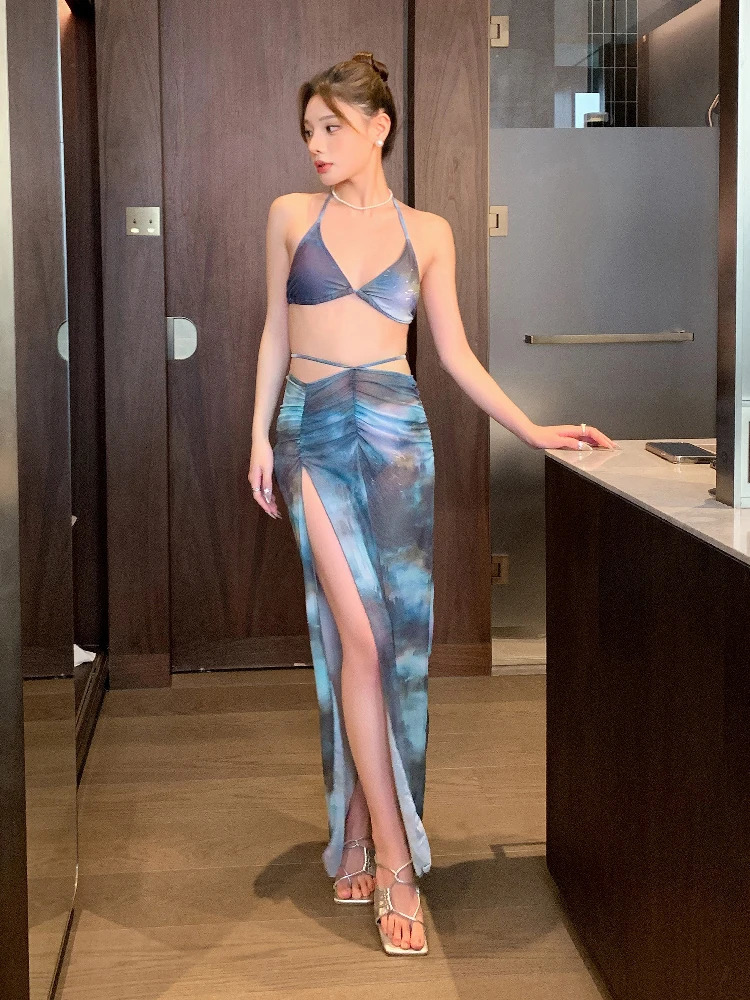 L4XL Large Size Womens Bikini FourPiece Beach Sexy Holiday Long Sleeve Swimsuit Summer Swiming Print Spaceup Swimsuits 250603