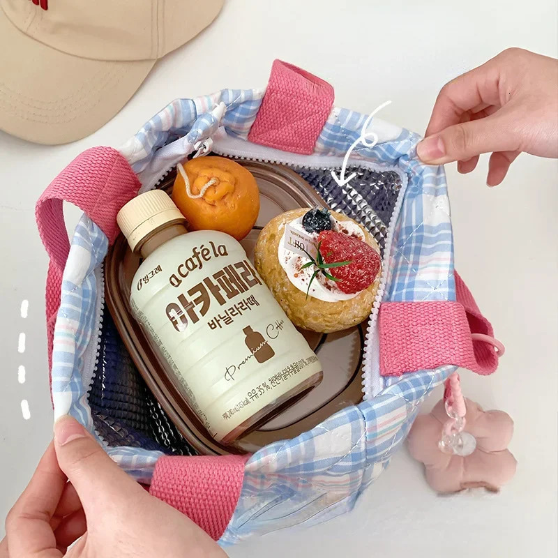 Plaid Lunch Bag Women Thermal Big Capacity Drawstring Lunch Box Tote Food Bags Office Worker Portable Insulated Food Storage Bag 250606