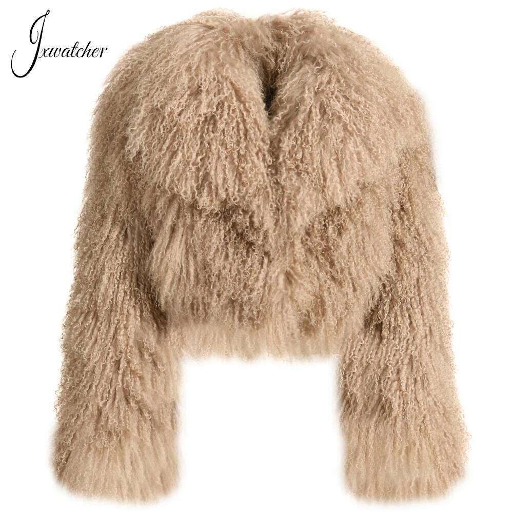 Jxwatcher Mongolian Women Big Turn-Down Collar Short Real Fur Coat Winter Ladies Fashion Warm Fluffy Jacket Female Fall
