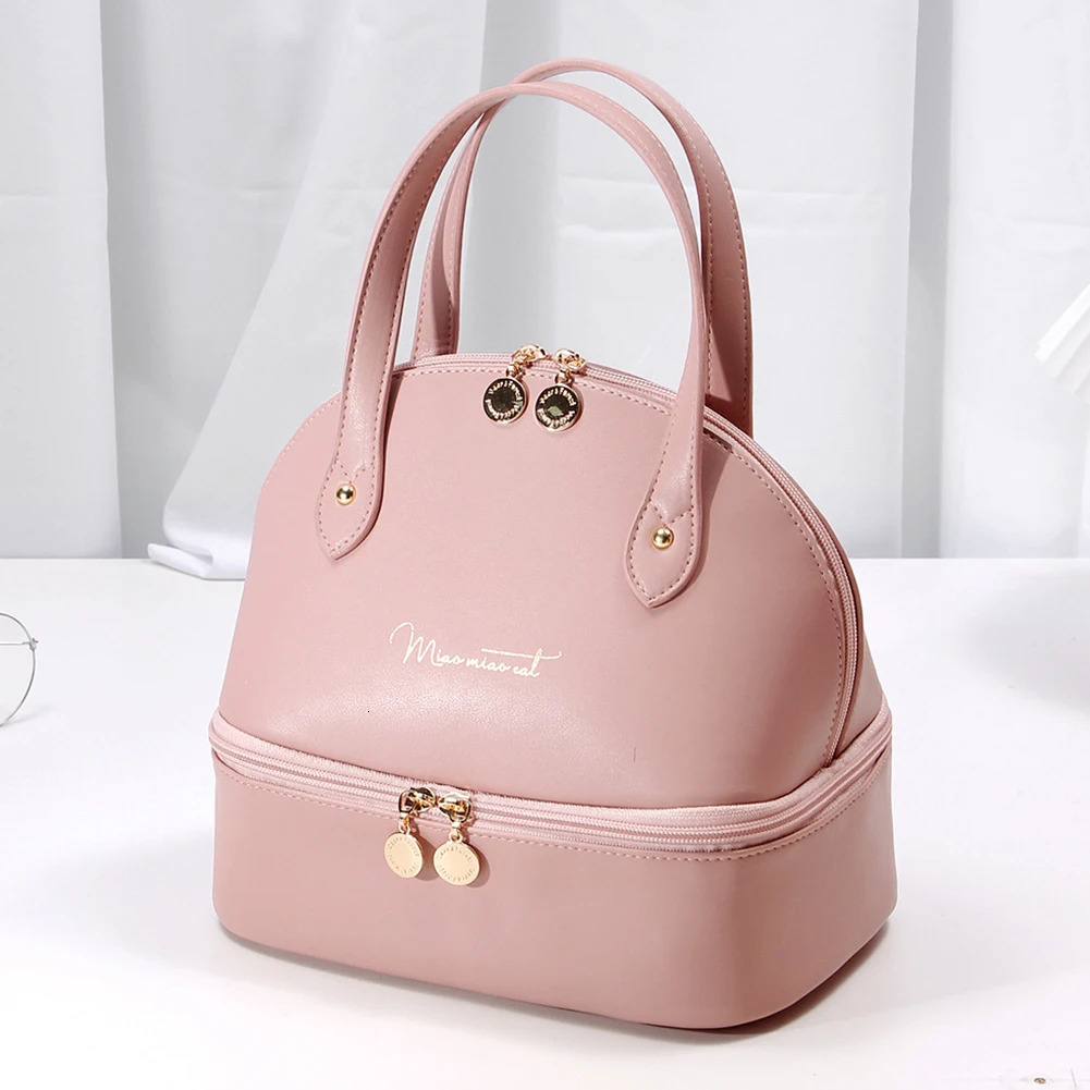 Ladies Insulated Lunch Bag Double Layer PU Leather Food Handbag Case With Top Handle Meal Prep Bag for Travel Work School Picnic 250606