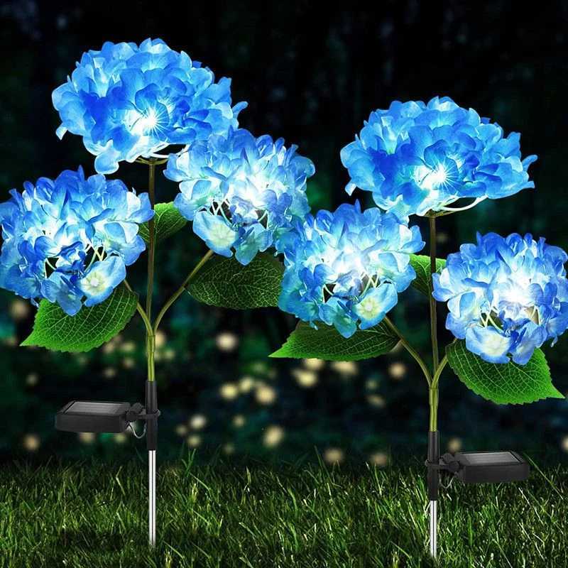 Solar LED 3 Head Hydrangea Rose Flower Light for Outdoor Garden Lawn Patio Country House Vegetable Patch Walkway Path Decoration W250607