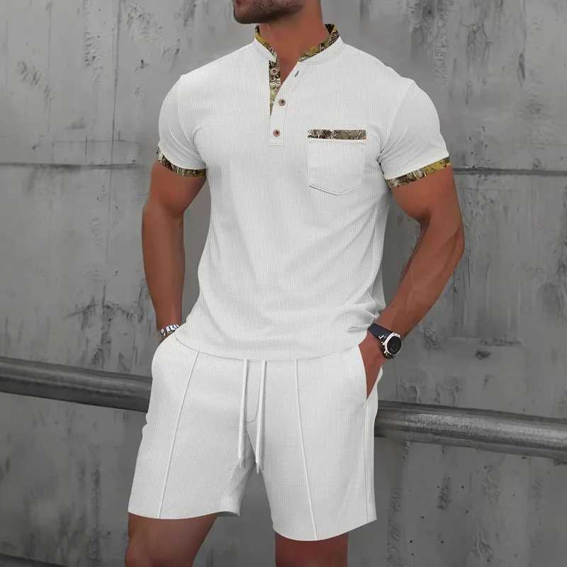 Mens Light Luxury Polo Shirt Set Summer Mens Stand up Collar Button Pocket Waffle Short Sleeve T-shirt Sports Trend Mens Suit W250609