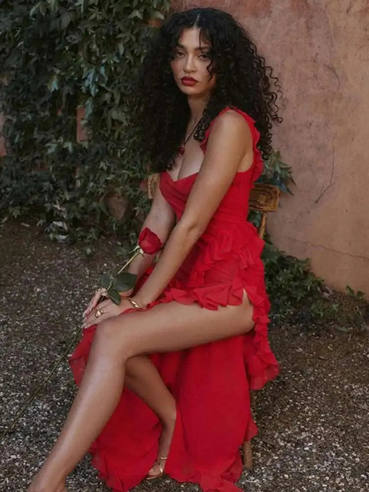 Townlike Ruffles Elegant Long Maxi Dress Women Summer Dress High Split Spaghetti Strap V Neck Nightclub Sexy Party Dresses 250605