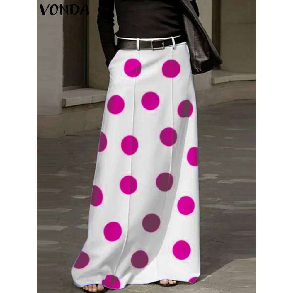 Plus Size 5XL VONDA Women Maxi Bohemian Printed Dot Point Long Skirt Summer High Waist Casual Loose A-Line Beach Skirts